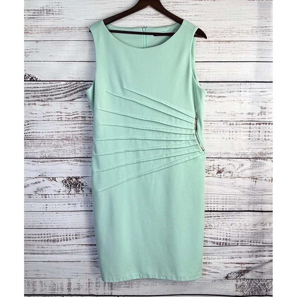 Ivanka Trump Dress 16 Sleeveless Sheath Mint Green Slimming Sexy Gold Zip - Picture 12 of 13